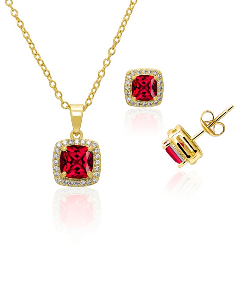Cushion Simulated Gemstone Halo Pendant Necklace with Matching Stud Earrings 2-Piece Set