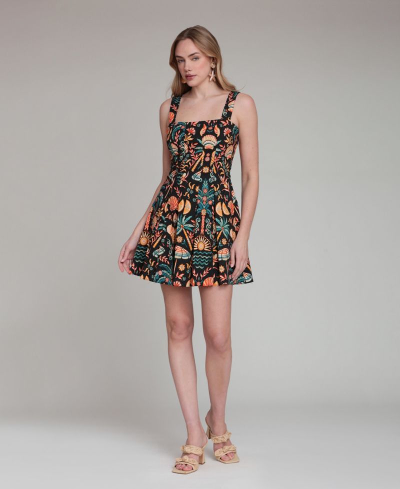 Women's Tropical Print Stretch Pleated Mini Dress