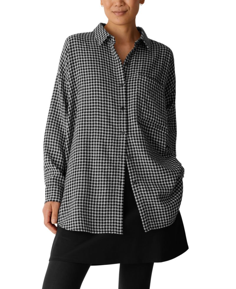 Women's Wool-Cotton Check Long-Sleeve Button-Down Shirt