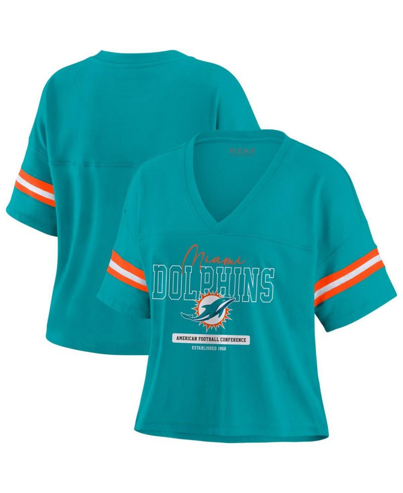 Women's Aqua Miami Dolphins Color Block Boxy Modest Crop V-neck T-shirt