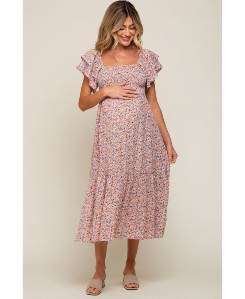 Women's Light Pink Floral Flutter Midi Dress