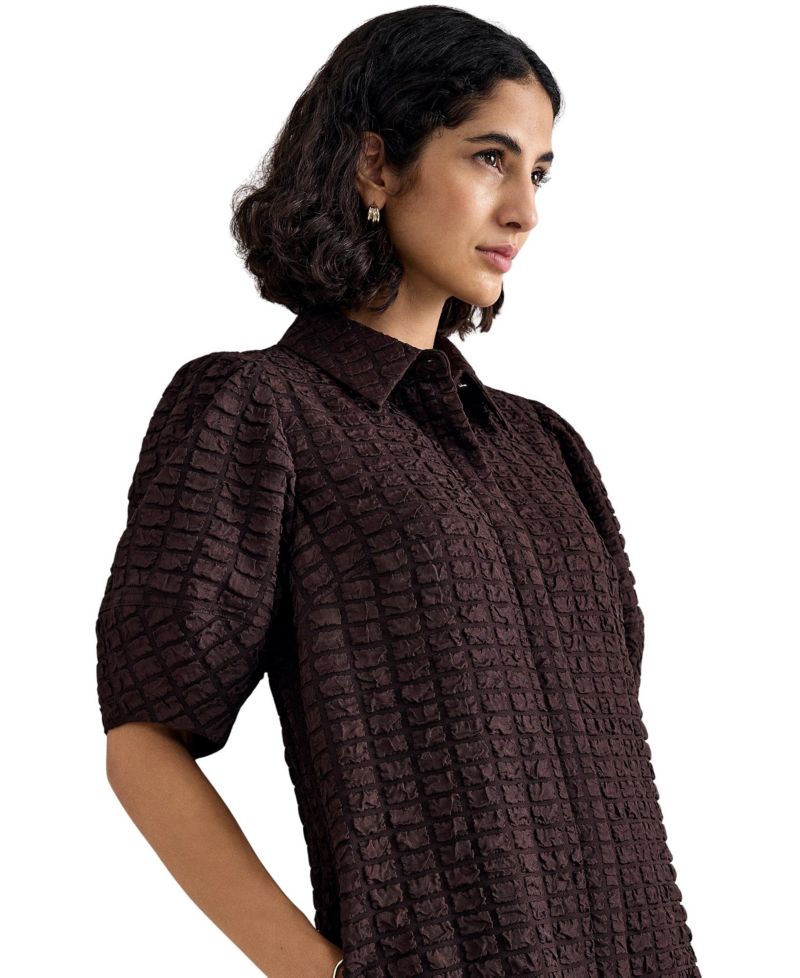 Women's Yasmine Textured Puff-Sleeve Pocket Mini Shirt Dress