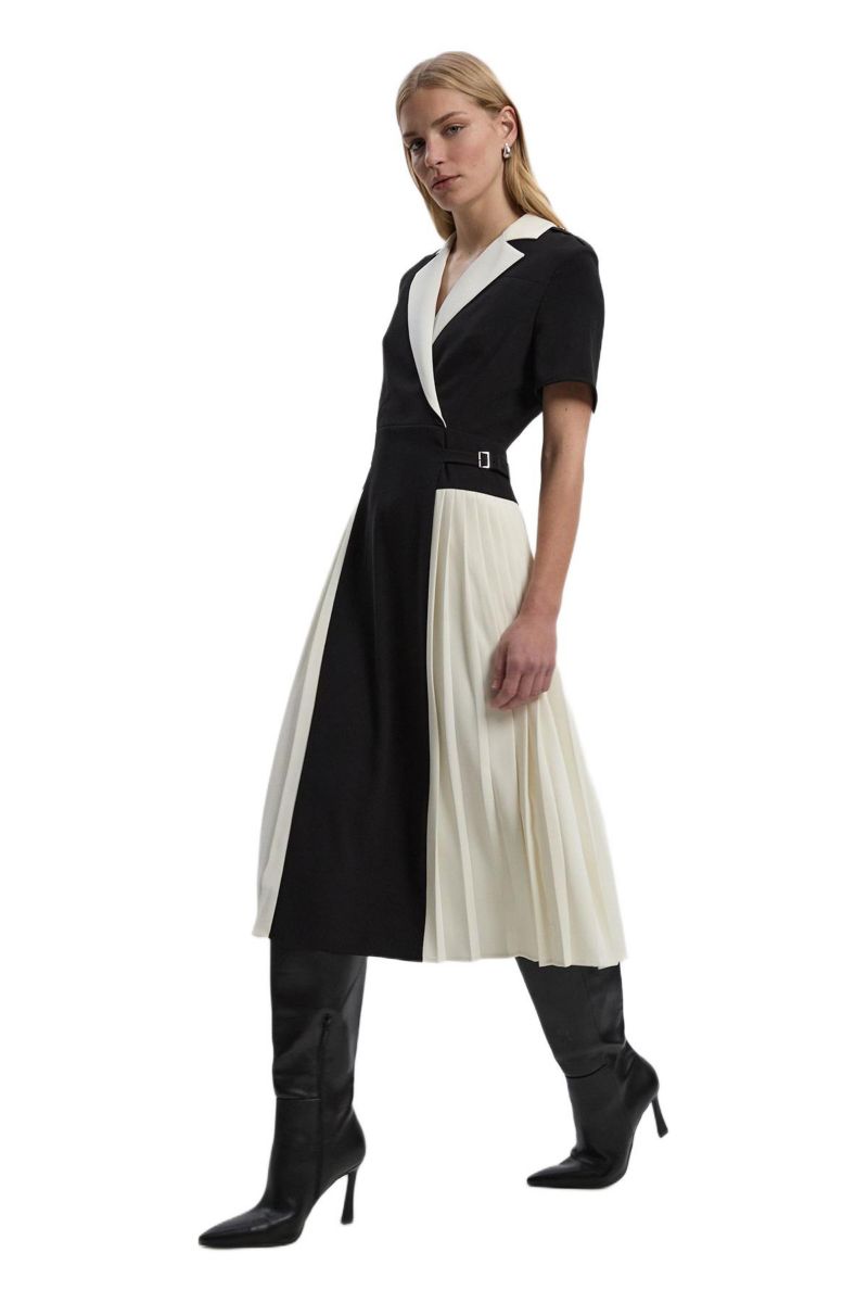 Women's Tailored Crepe Pleated Midi Shirt Dress