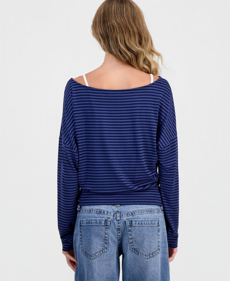 Juniors' Striped Layered-Look Dolman-Sleeve Top