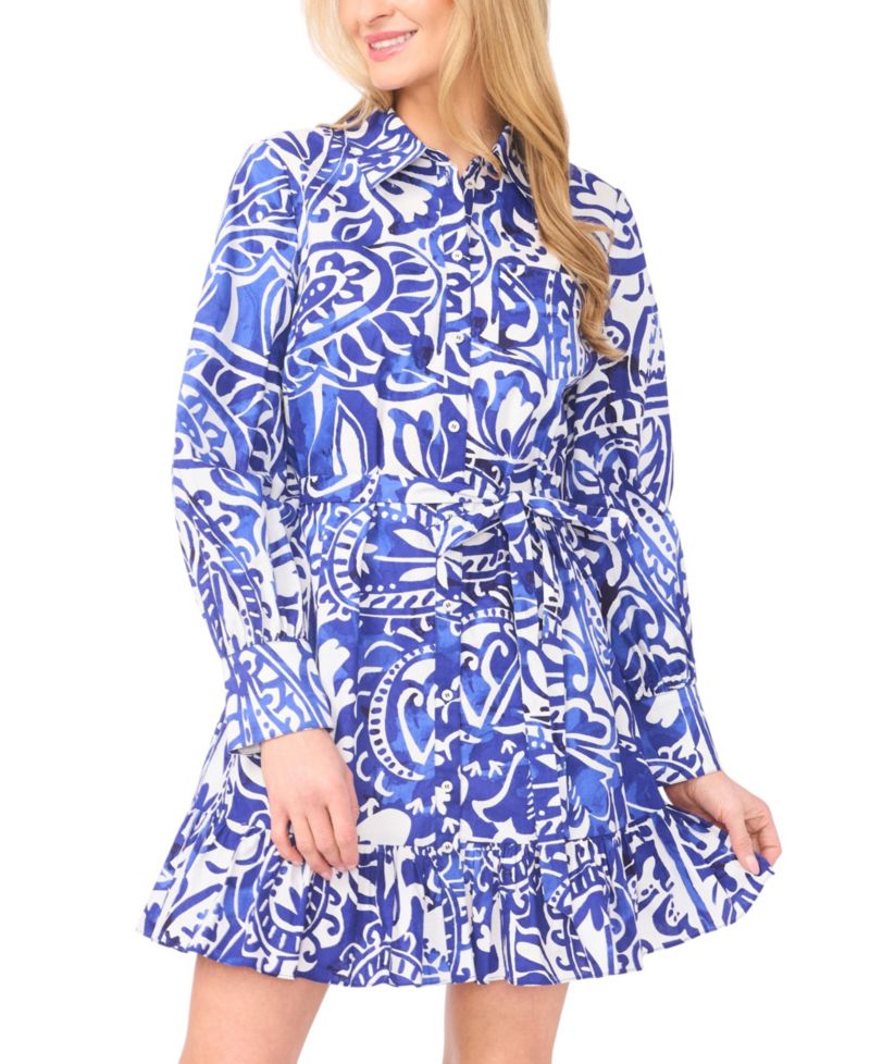 Women's Collared Button-Down Ruffle Hem Mini Dress