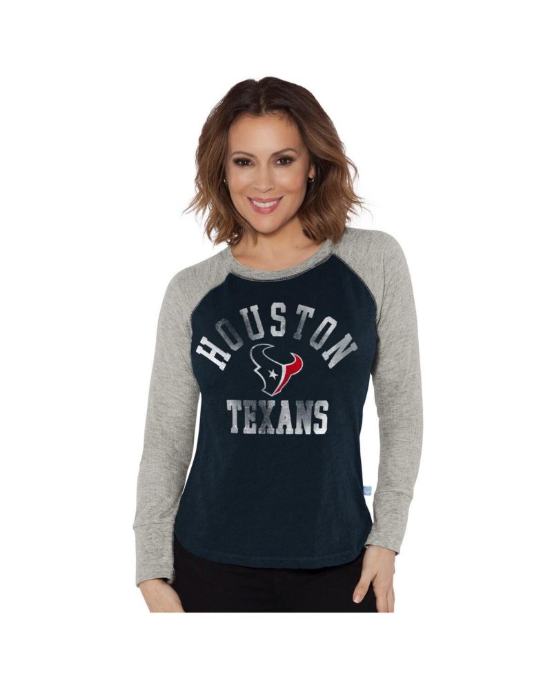 Women's Navy/Heather Gray Houston Texans Waffle Knit Raglan Long Sleeve T-Shirt