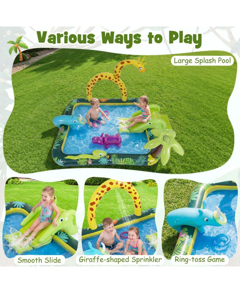 Jungle Animal Inflatable Spray Pool Play Center with Slide and Sprinkler Ages 2-6