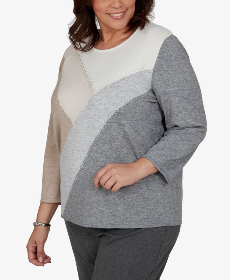 Plus Size 3/4-Sleeve Colorblock Crewneck Pullover Sweater