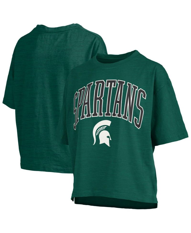 Women's Green Michigan State Spartans Nelson Arch Over Logo Waist Length Oversized Slub T-Shirt