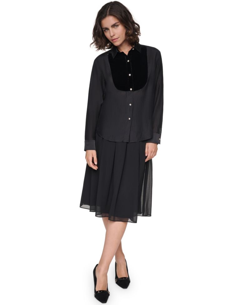 Petite Velvet Woven Long-Sleeve Point-Collar Blouse