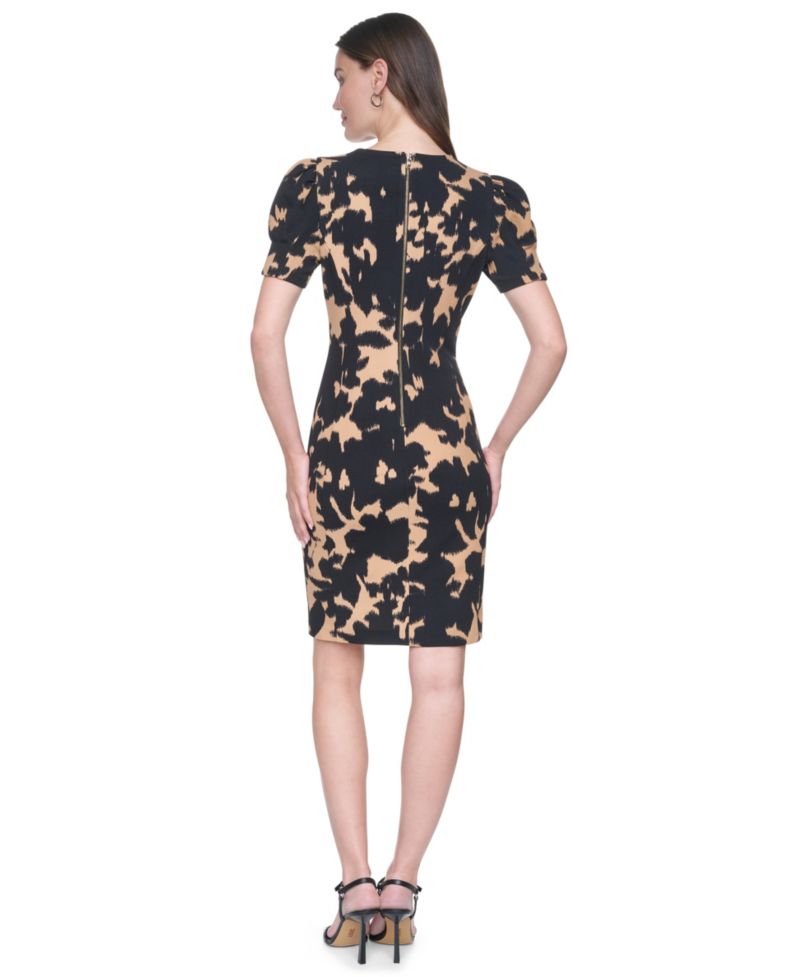 Women's Short Seamed Sleeve Puff-Sleeve Sheath Knee-Length Dress