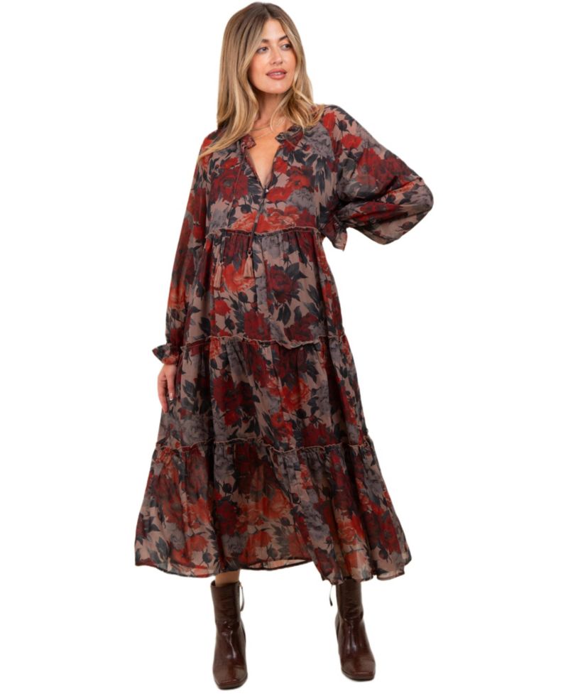Women's Navy Floral Chiffon Ruffle Tiered Midi Dress
