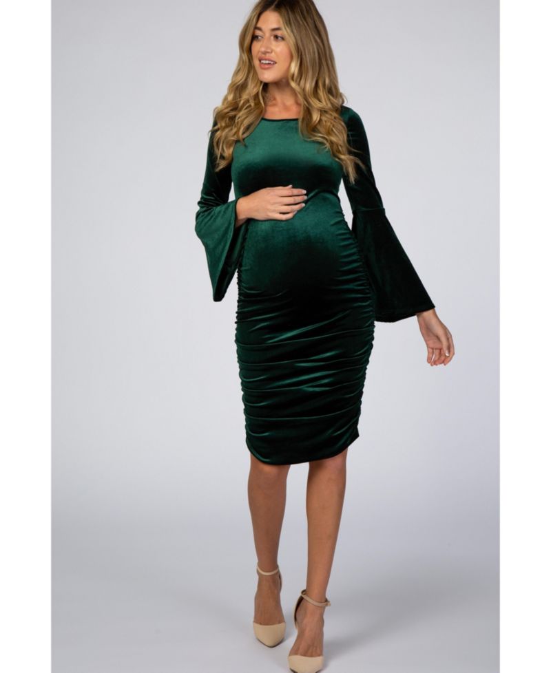 Women's Forest Green Velvet Ruched Bell Sleeve Dress