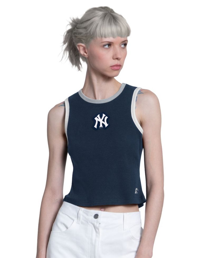 Women's Navy New York Yankees Cooperstown Play the Ball Crop Tank Top