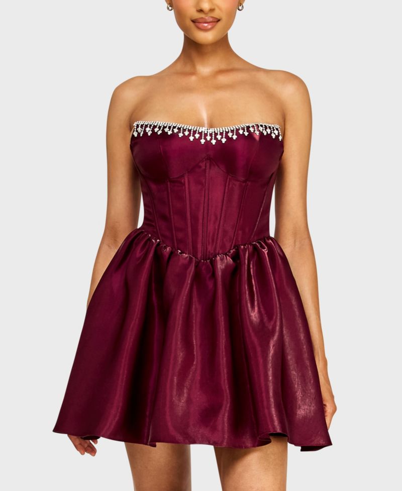 Juniors' Strapless Corset Bodice Dress with Draped Jewels at Top Trim