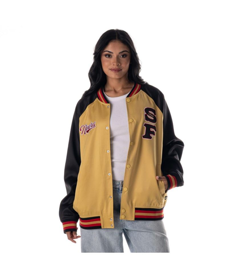 Women's Gold San Francisco 49ers Oversized Satin Raglan Full-Snap Bomber Jacket