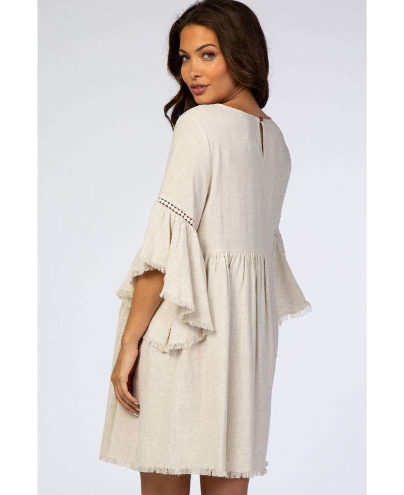 Women's Beige Raw Edge Bell Sleeve Babydoll Dress