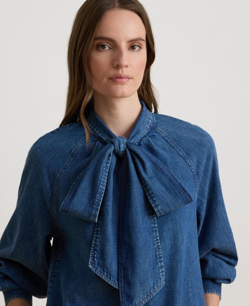 Women's Denim Tie-Neck Midi Shirtdress
