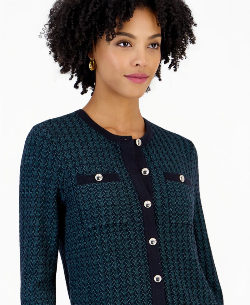 Petite Two-Tone Stitch Crew Neck 3/4 Sleeve Cardigan