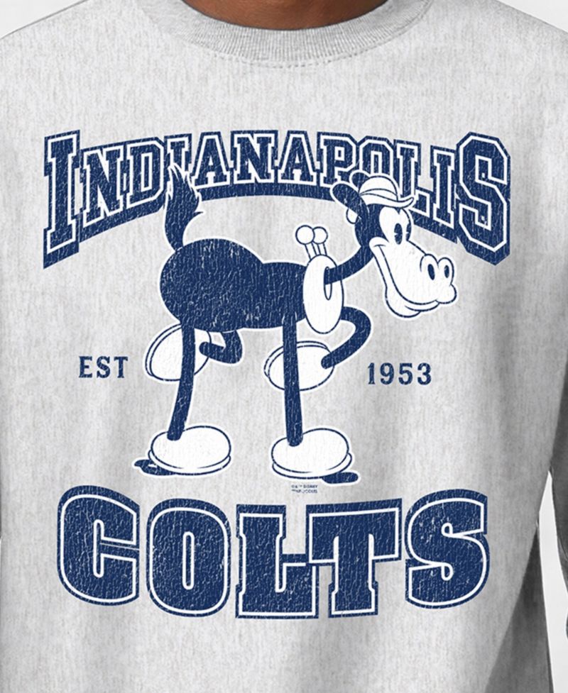 Men's Silver Indianapolis Colts Disney X Champion Reverse Weave Fleece Crewneck Sweatshirt