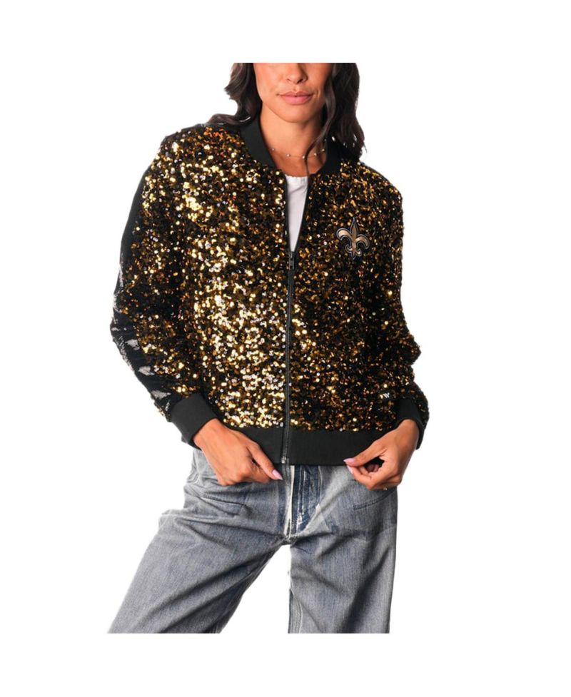Women's Gold New Orleans Saints Sequin Full-Zip Bomber Jacket