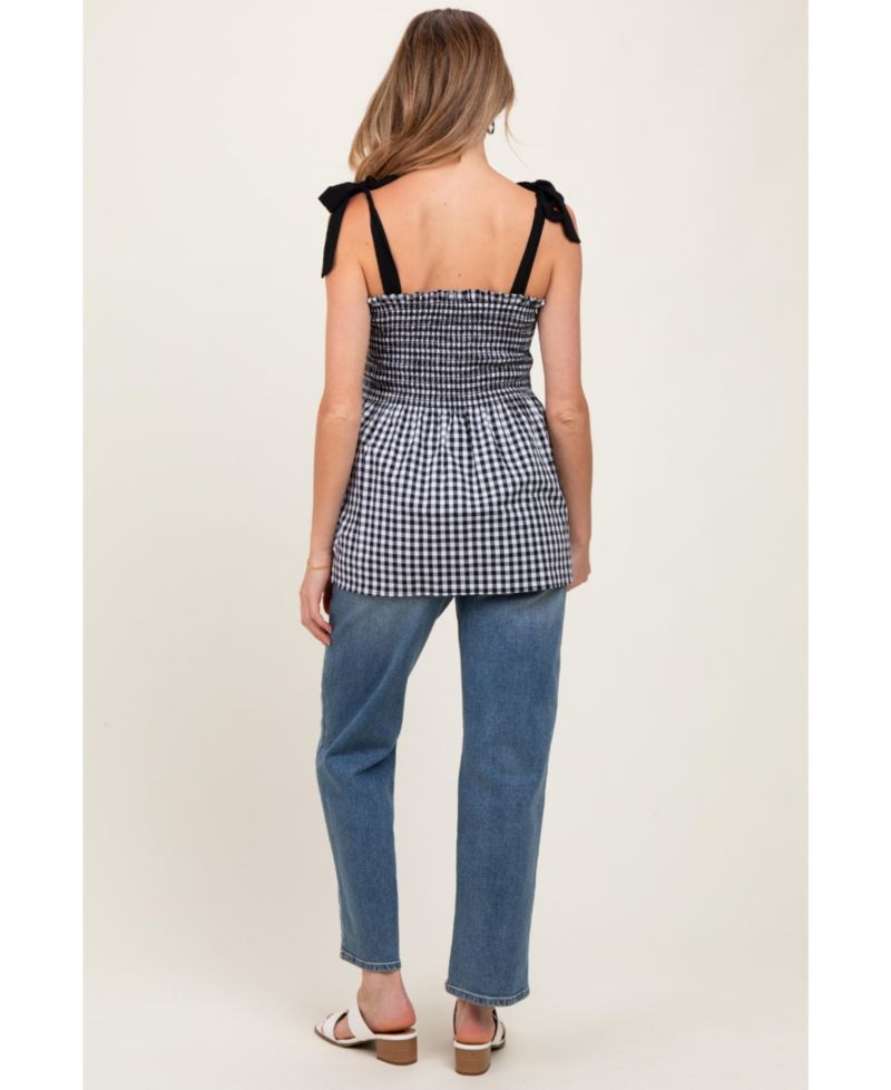 Women's Black Gingham Smocked Shoulder Tie Top