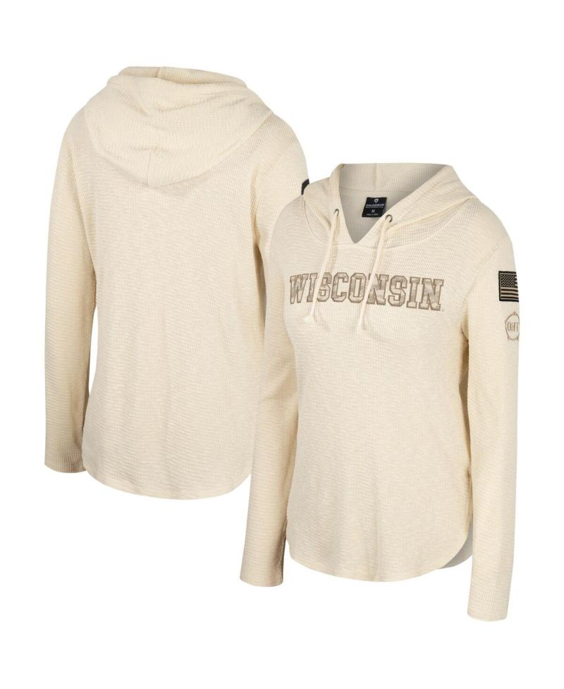 Women's Cream Wisconsin Badgers OHT Military Appreciation Casey Raglan Long Sleeve Hoodie T-Shirt