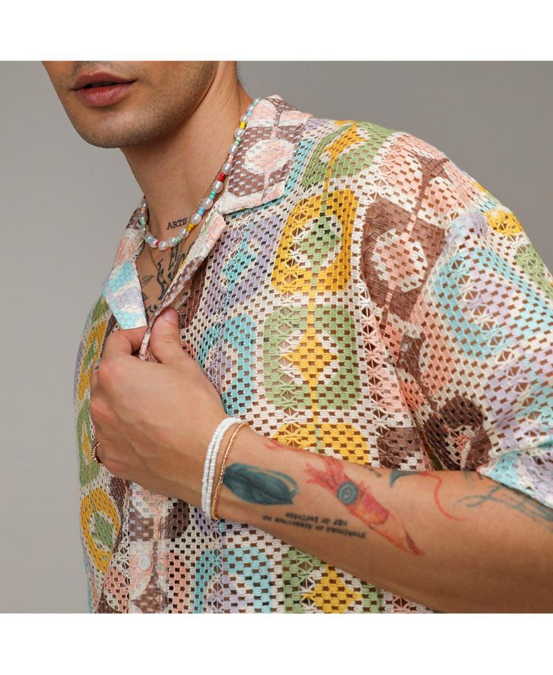 Men's Lemon Yellow & Chocolate Brown Geometric Block Oversized Shirt