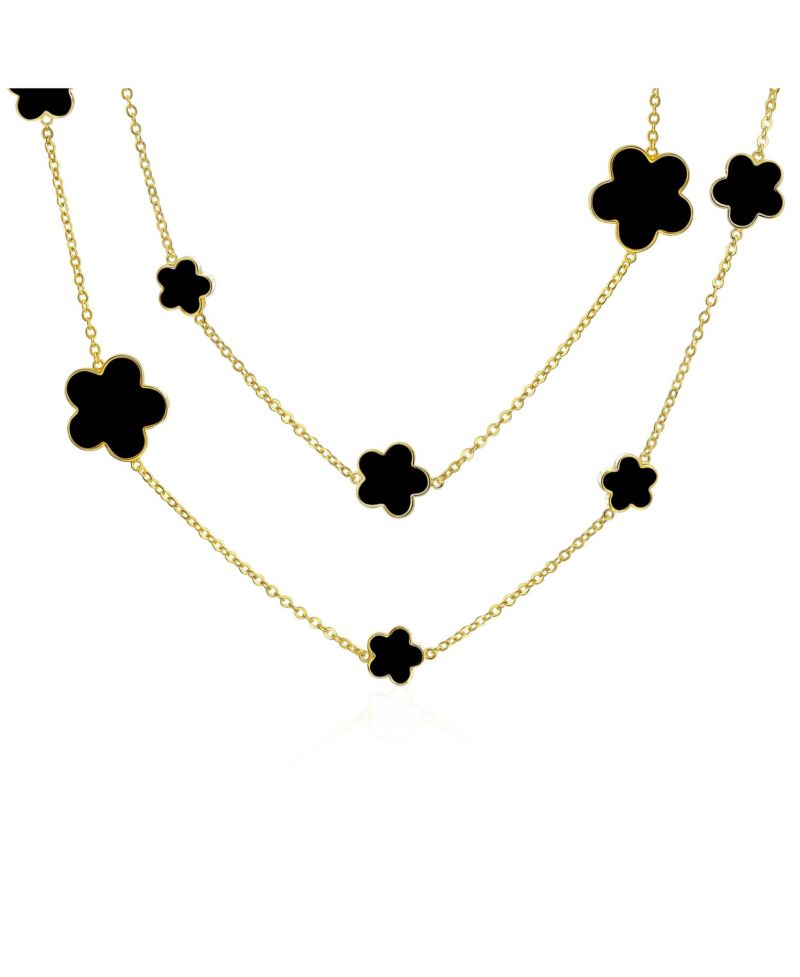 Large and Small Enamel Flower Station Chain Wrap Layer Clover Necklace Rose Gold Plated