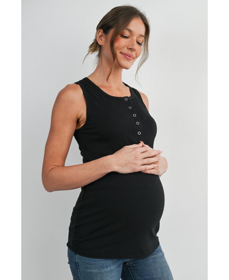 Maternity Ribbed Henley Tank Top Fitted Nursing Friendly