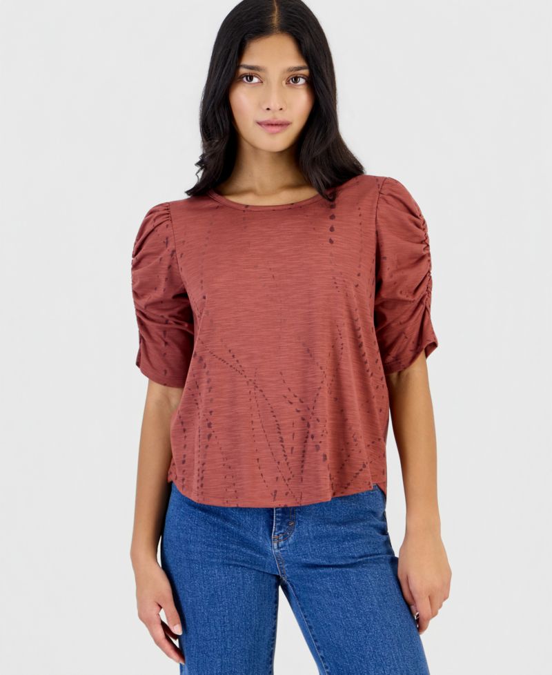 Petite Printed Ruched-Sleeve Scoop-Neck Top