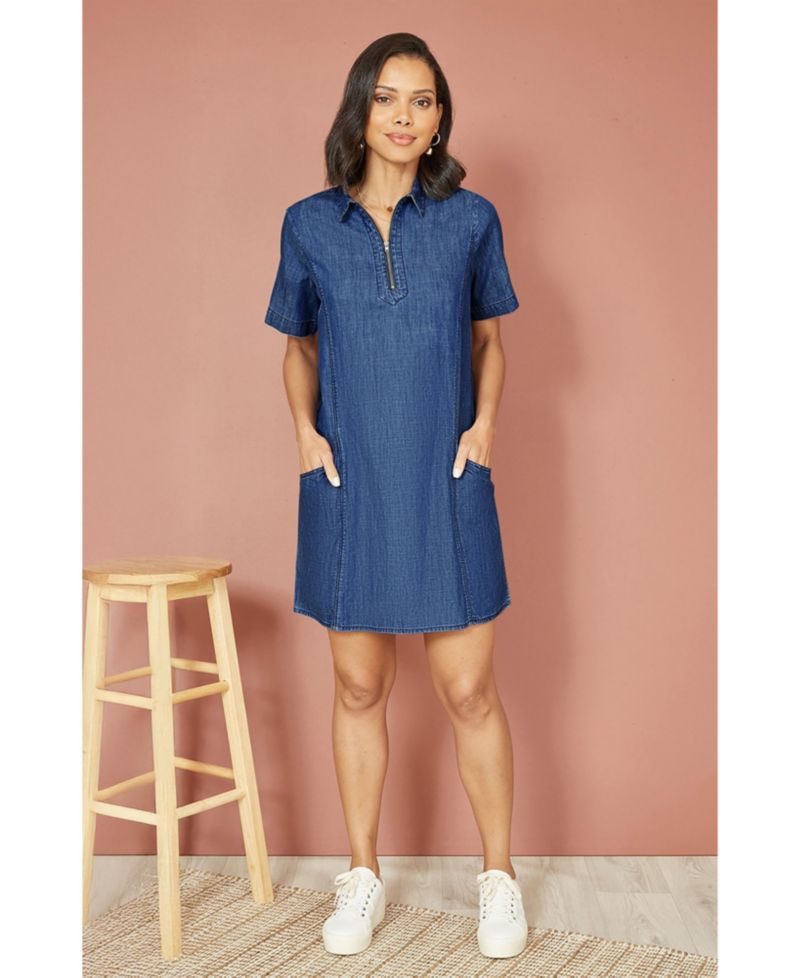 Women's Cotton Chambray Zip Neckline Dress