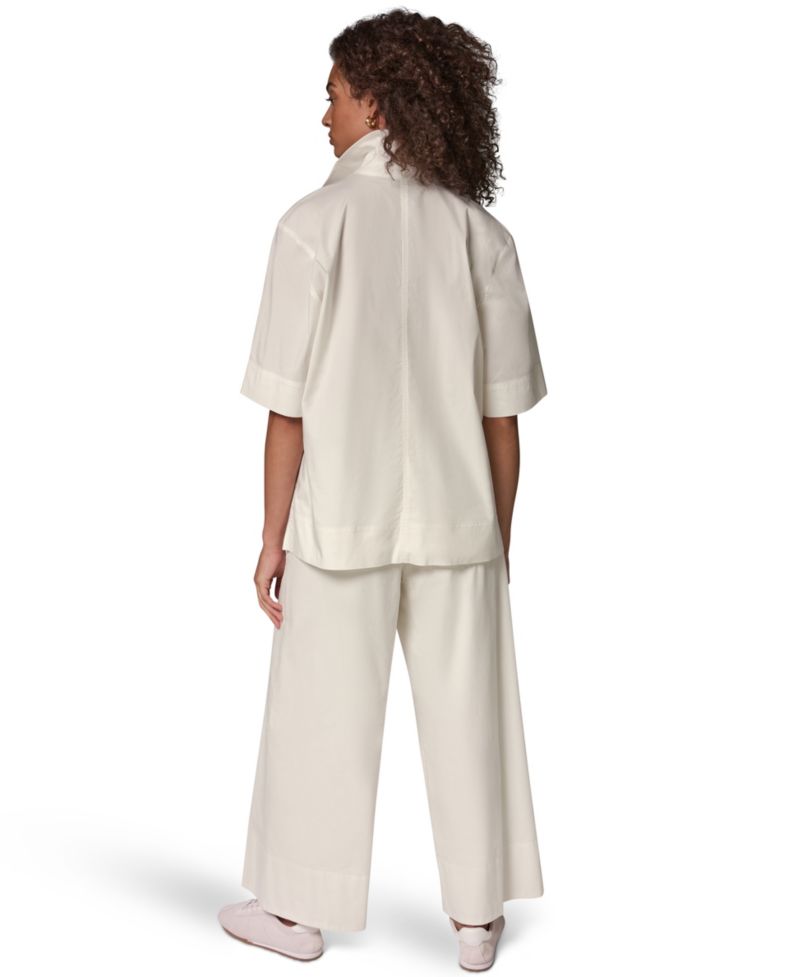 Women's Poplin Short-Sleeve V-Neck Collared Blouse