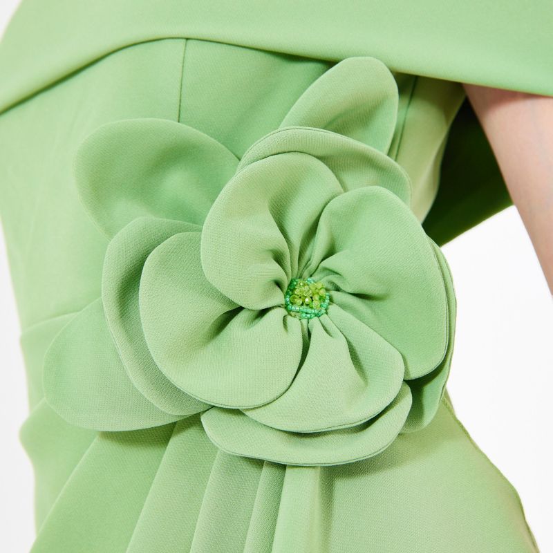 Bardot Neckline Floral Applique Pleated Gown