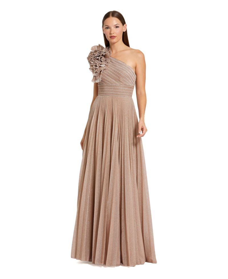 Women's Pleated Metallic One Shoulder Gown With Ruffle