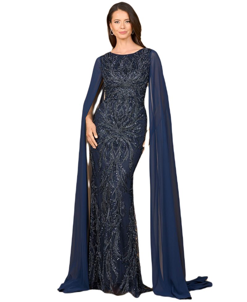 Women's High Neck Gown with Chiffon Cape Sleeves