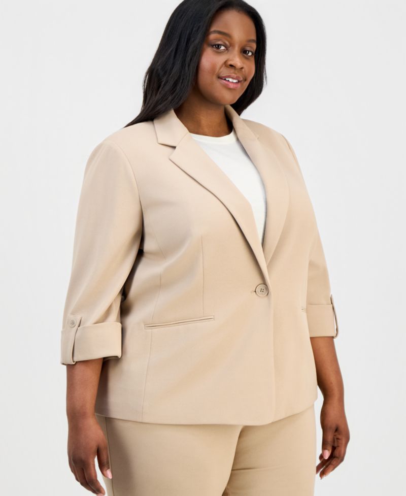 Plus Size 3/4-Sleeve One-Button Blazer