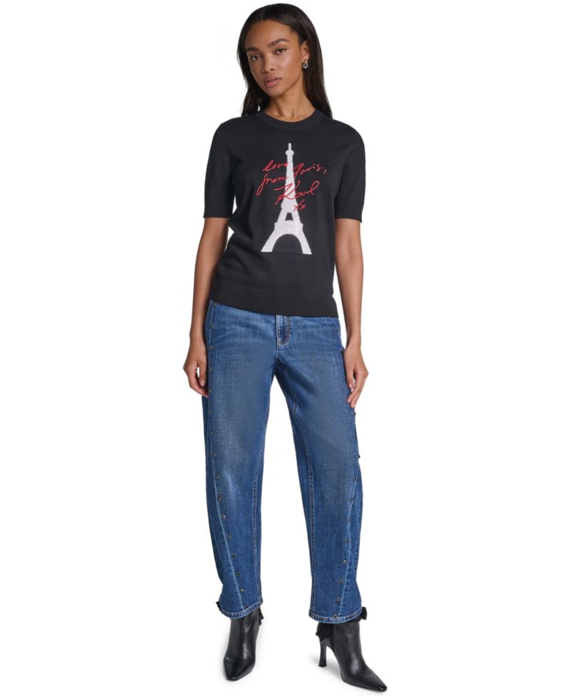 Women's Eiffel Tower Crewneck Short-Sleeve Sweater