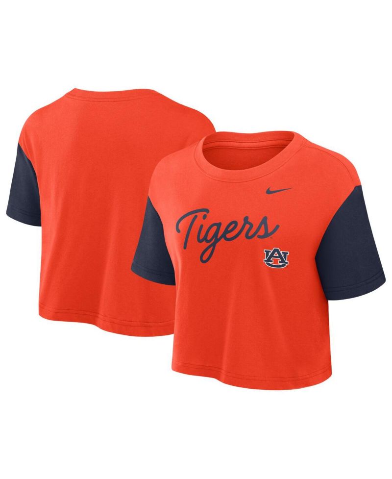 Women's Orange/Navy Auburn Tigers Color Block Script Cropped T-Shirt