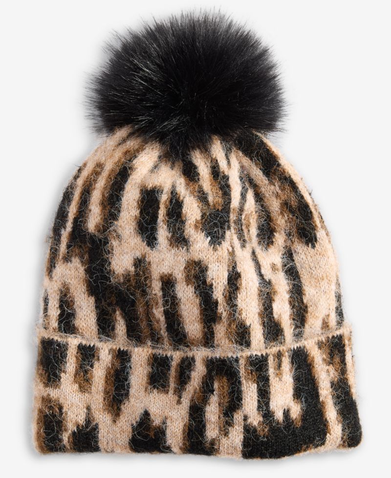 Women's Leopard-Print Knit Pom-Pom Beanie
