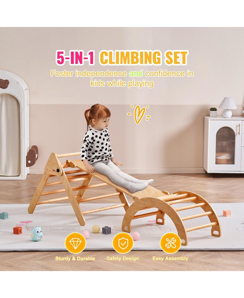 Toddler Wooden Pikler Triangle Set 5 in 1 Climbing Gym with Ramp and Arch Indoor
