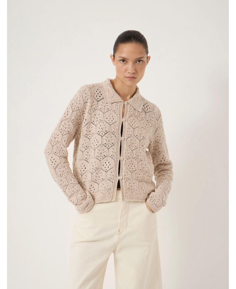 Women's Crochet Cropped Cotton Long-Sleeve Cardigan