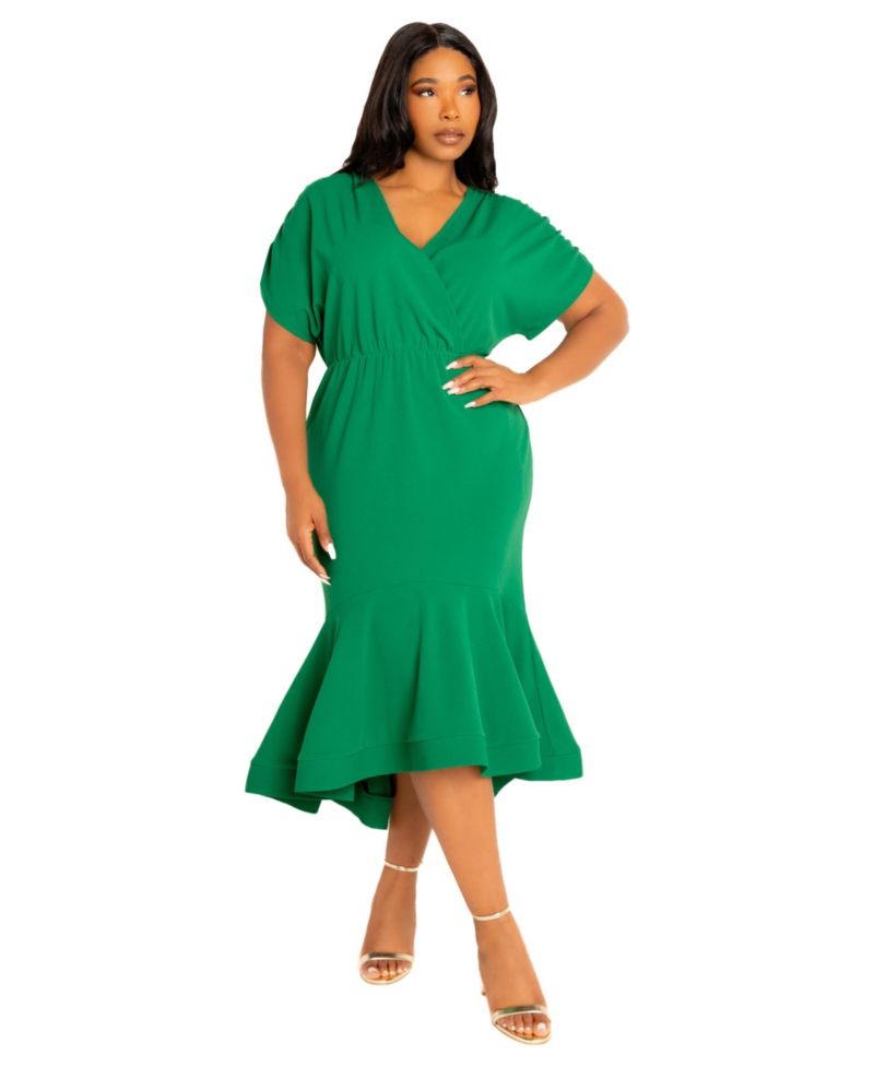 Plus Size V-Neck Flounce Midi Dress