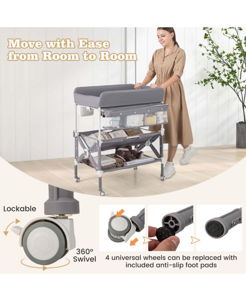 Portable Baby Changing Table with Wheels Adjustable Height Large Storage Rack