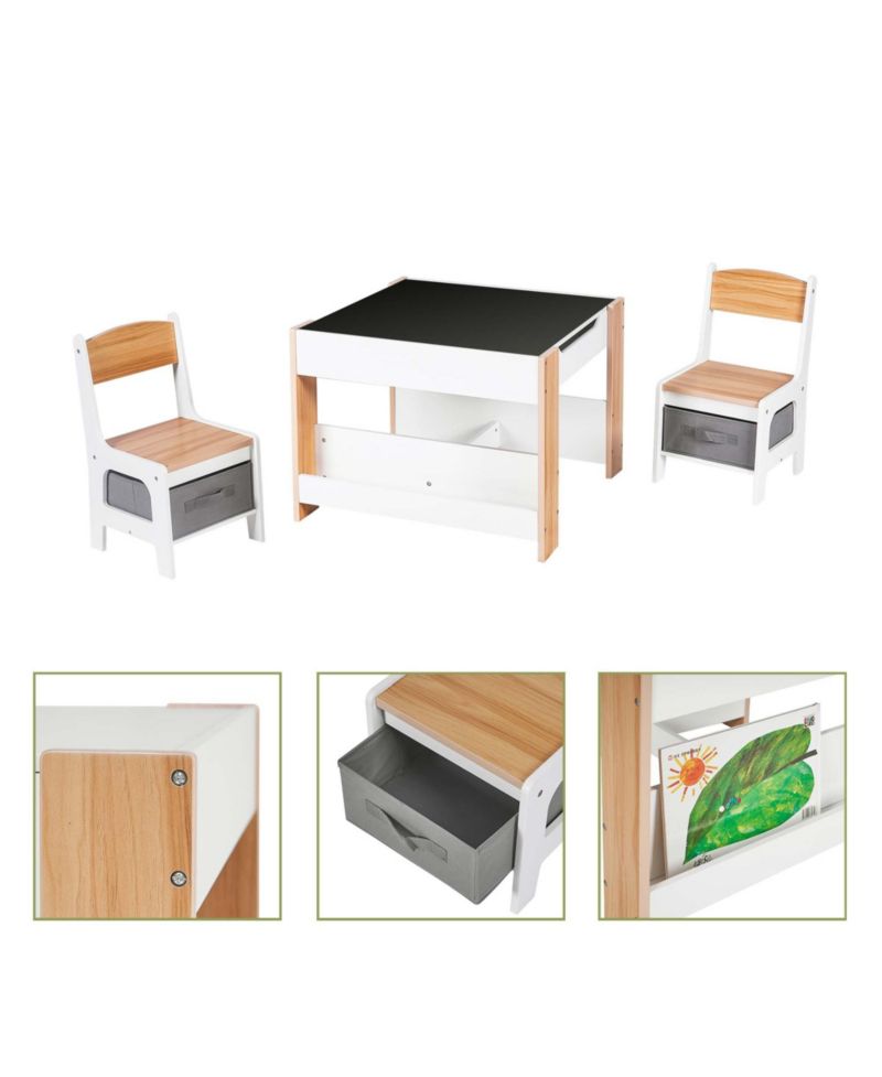 Kids Art Play Activity Table with Storage Shelf and Chair Set with Storage Baskets, White & Gray