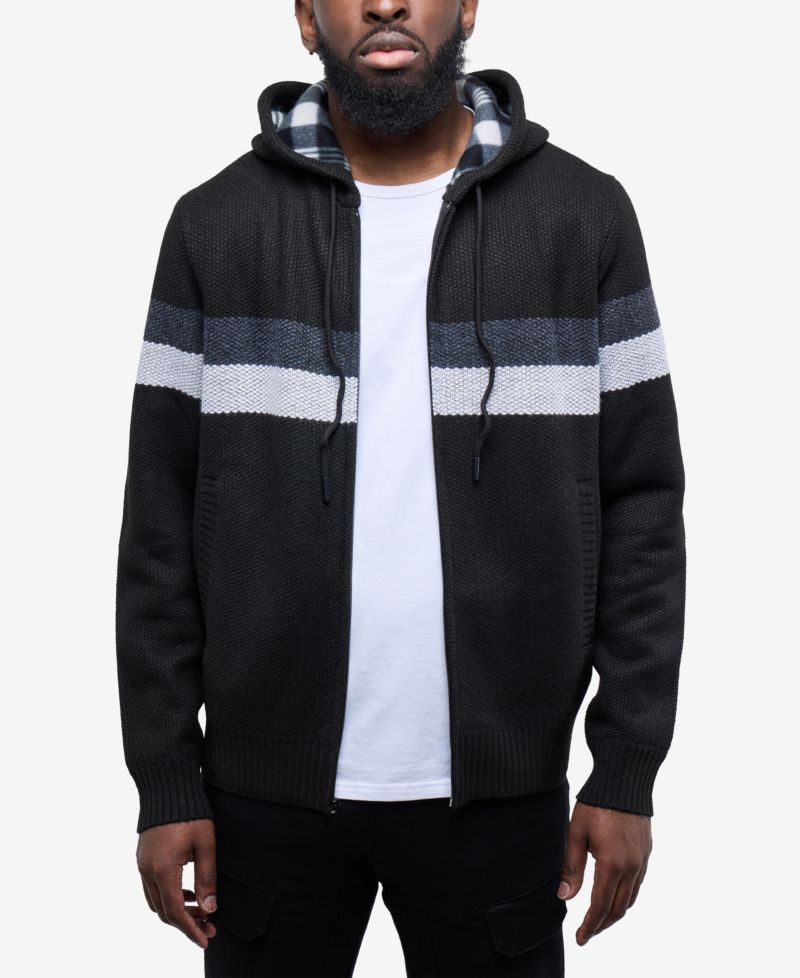 Men's Hooded Fleece Lined Full Zip Sweater With Stripes