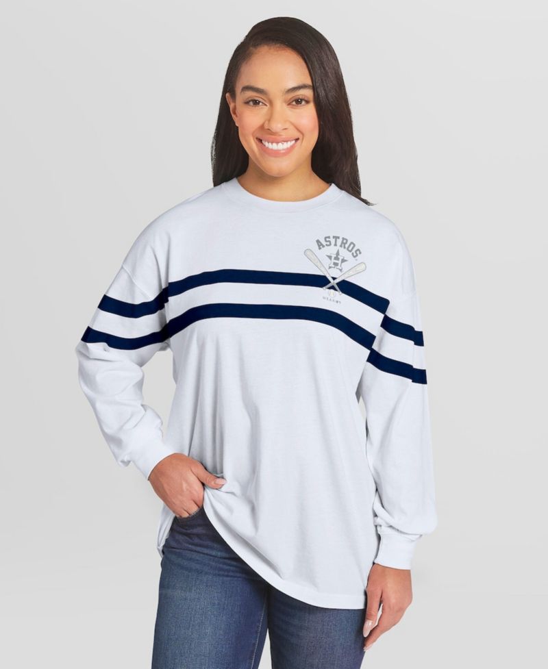 Women's White Houston Astros Oversized Long Sleeve Striped T-Shirt