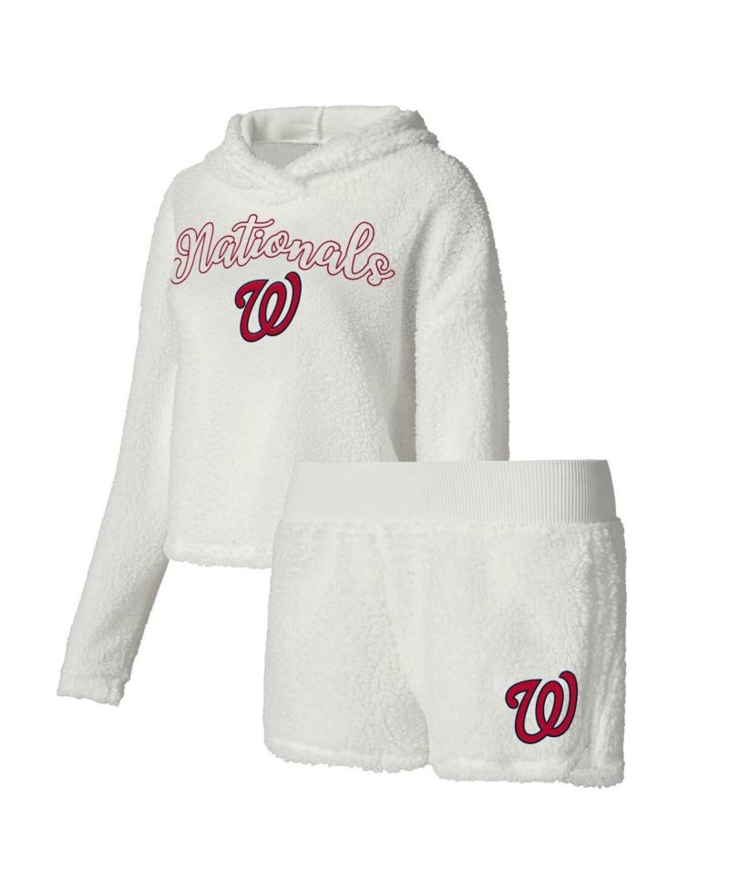 Women's Cream Washington Nationals Fluffy Hoodie Top Shorts Sleep Set