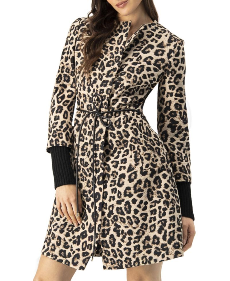 Women's Ribbed-Cuff Long Animal Print Coat