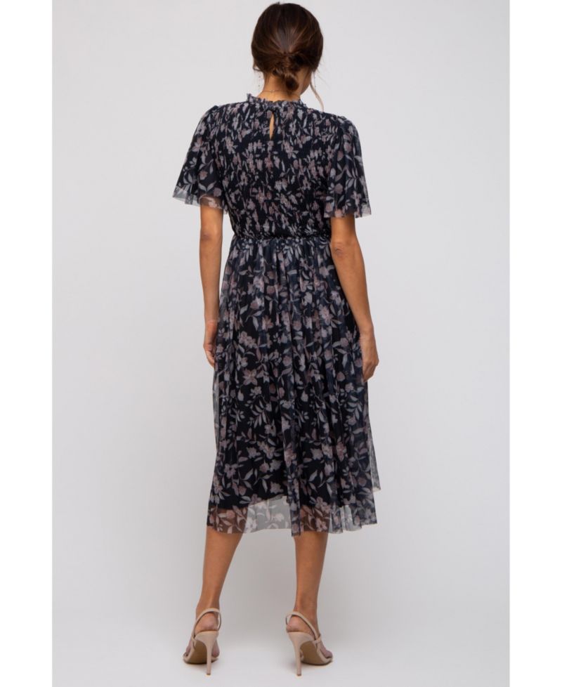 Women's Black Floral Smocked Mesh Knit Midi Dress